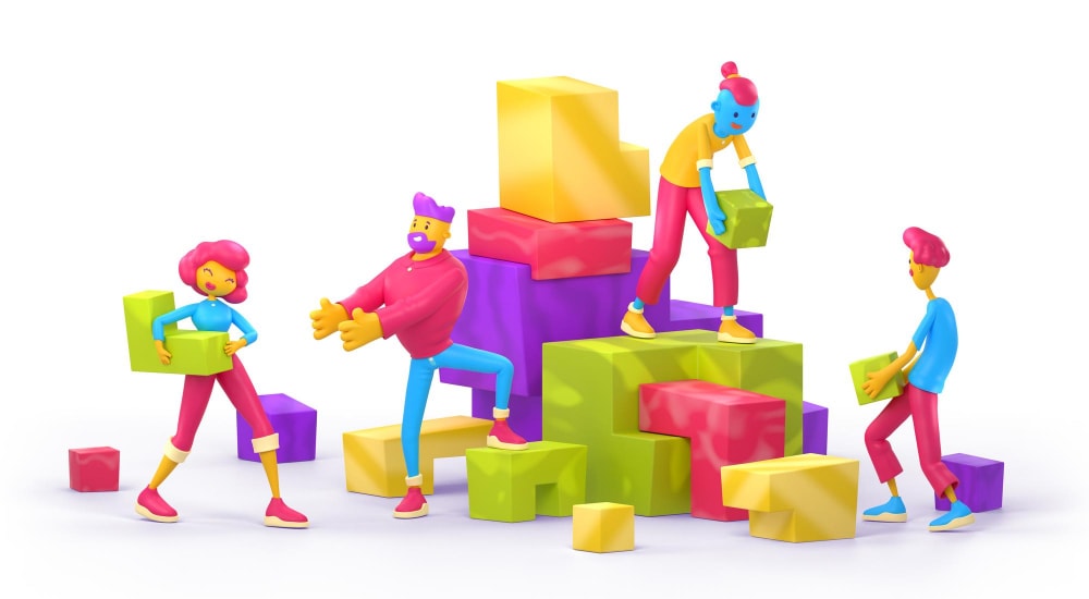 A 3D illustration of people arranging puzzles.