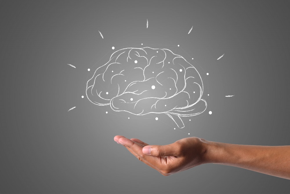 A picture of a human brain hovering over a human hand
