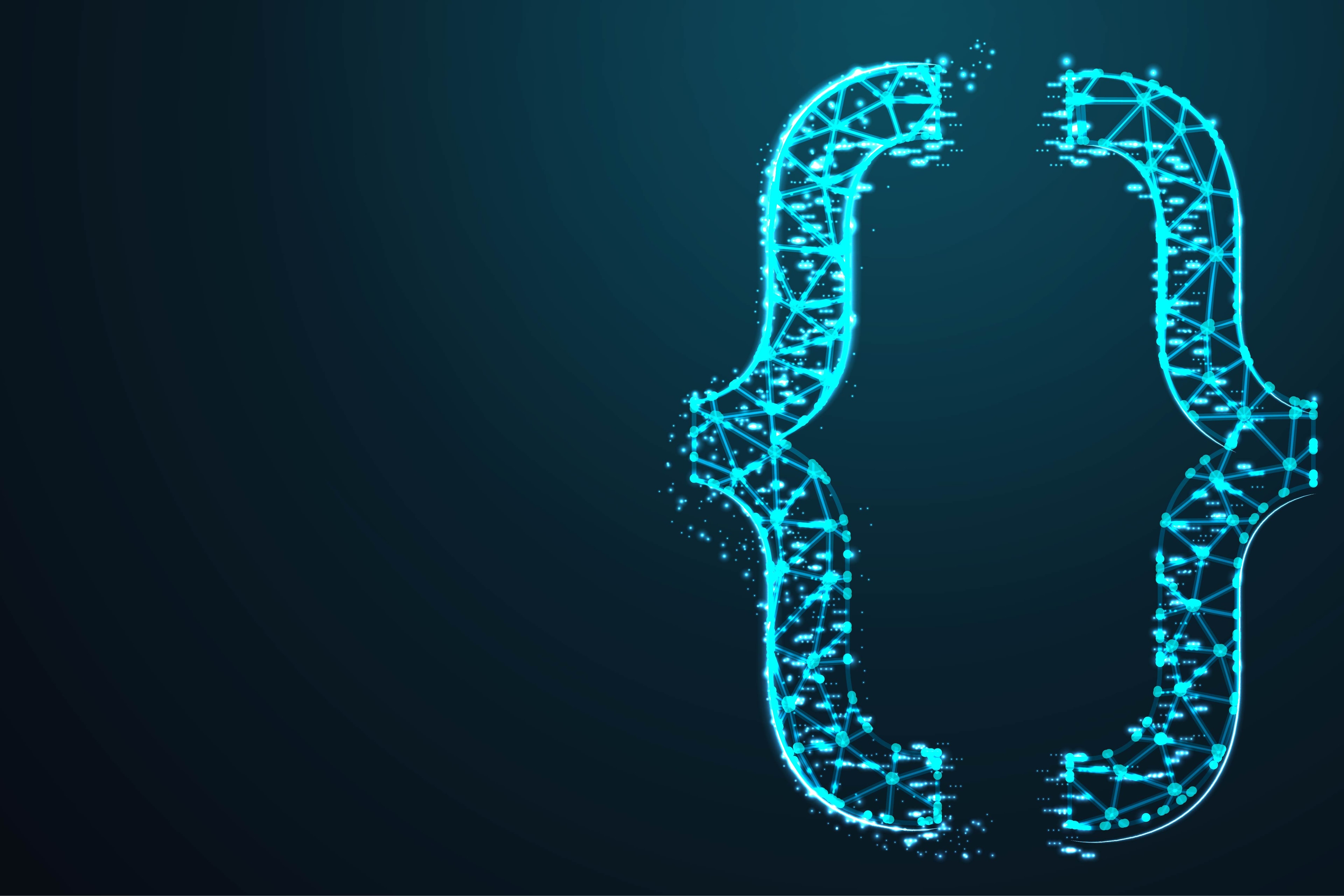 A visually appealing graphics of glowing open and close curly braces.